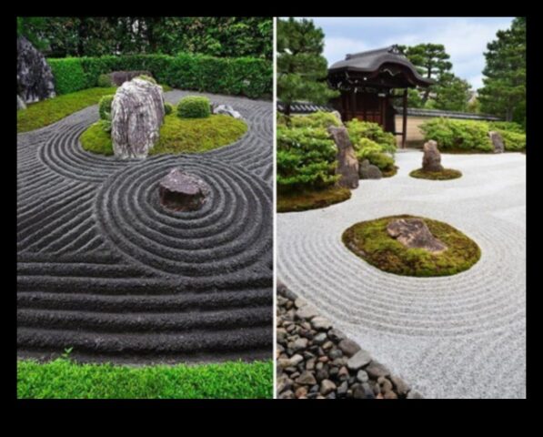 Zen Stones un Karesansui Waves Austrumu dārza dizaina humanitārās zinātnes